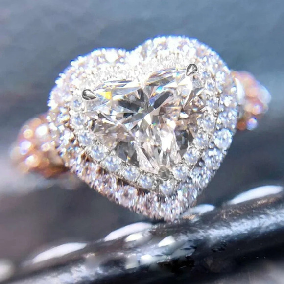 🔥Diamond Heart CZ Shiny 14k White Gold Luxury Macro Pave Ring for Women, K852 - Picture 3 of 11